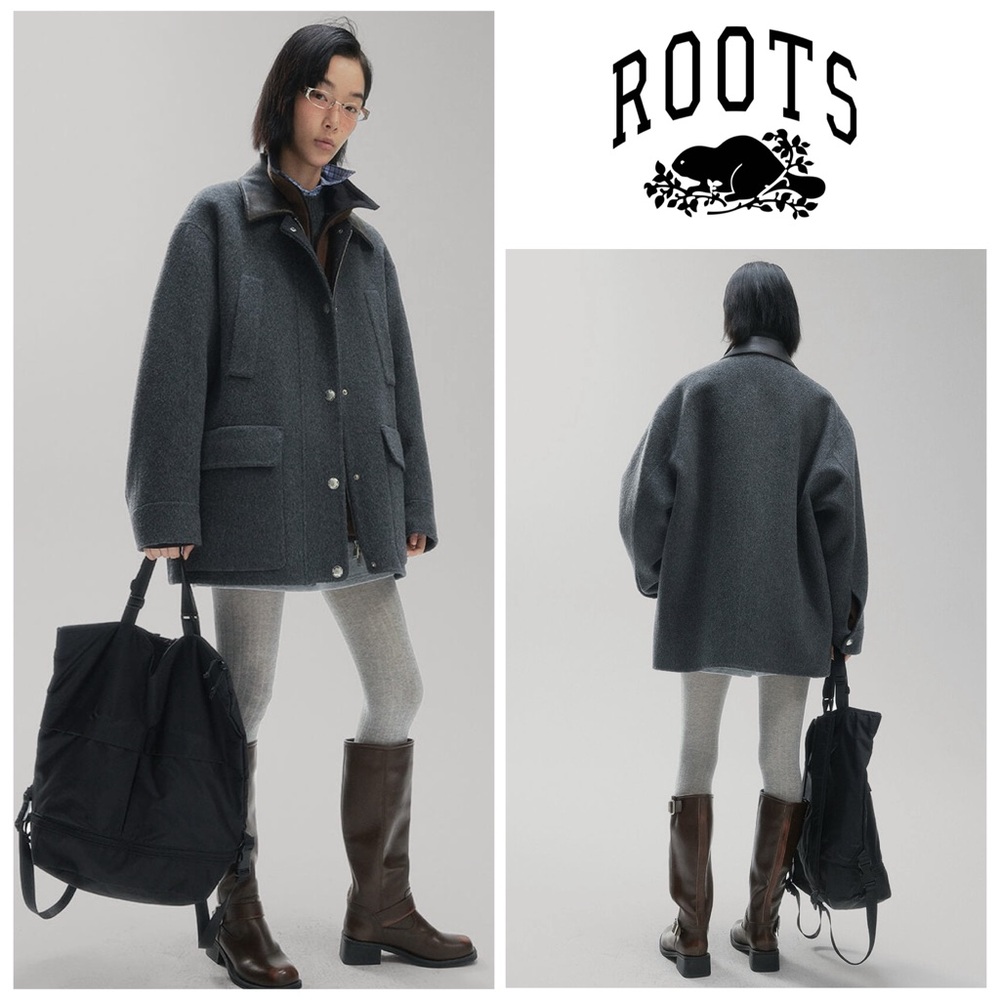 Roots Gray Wool Jacket with Black Leather Collar